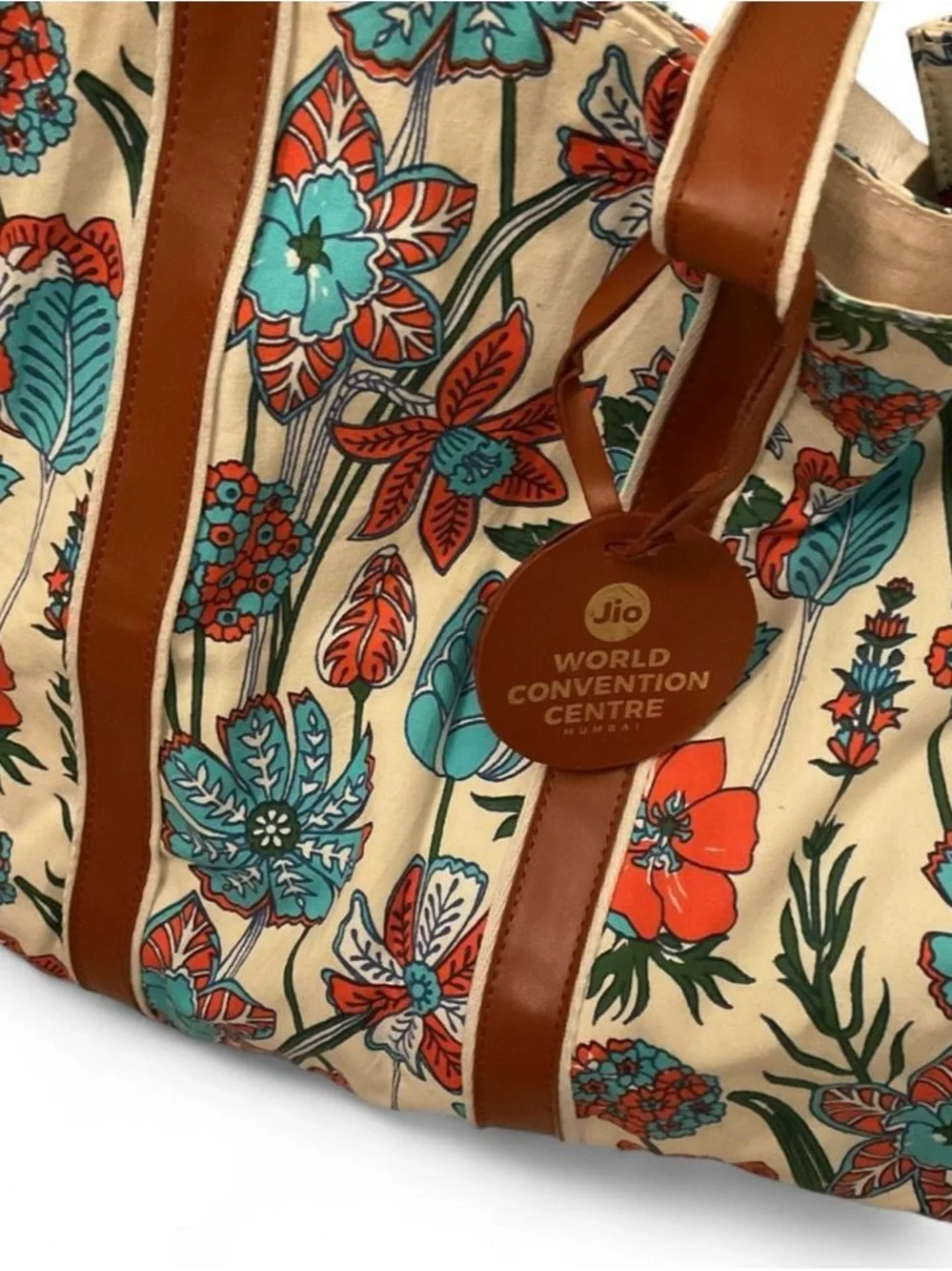 Canvas Floral Tote Bag with Brown Trim - Multicolor